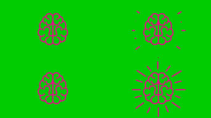 大脑的动画线性粉色符号。想法和创意的概念。循环视频。孤立在绿色背景上的平面矢量插图。