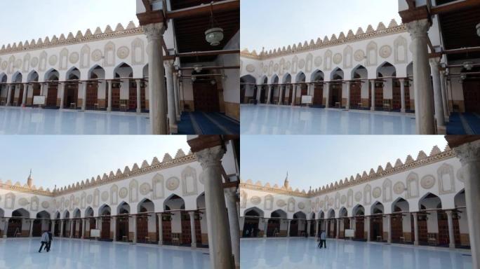 开罗伊斯兰世界，爱兹哈尔清真寺纪念碑庭院的缓慢全景