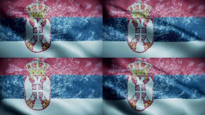 4K暴风雪/雪在塞尔维亚国旗股票视频。冷淡的塞尔维亚国旗。旋转/旋转的冰晶。雪花掠过塞尔维亚国旗。