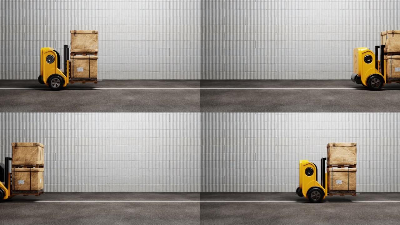 无缝循环无人驾驶汽车叉车机器人提升和移动托盘纸板箱到储藏室。商业工业和生产概念