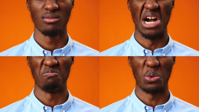 非洲男子的特写脸在橙色背景下移动嘴唇