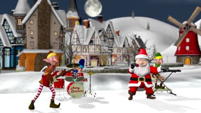 有趣的圣诞老人和精灵在圣诞冬季森林里演奏乐器。圣诞节和新年的概念。无缝循环圣诞动画。