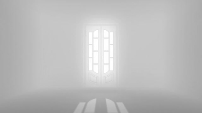 从雾蒙蒙的走廊穿过白色的门进入灯光。