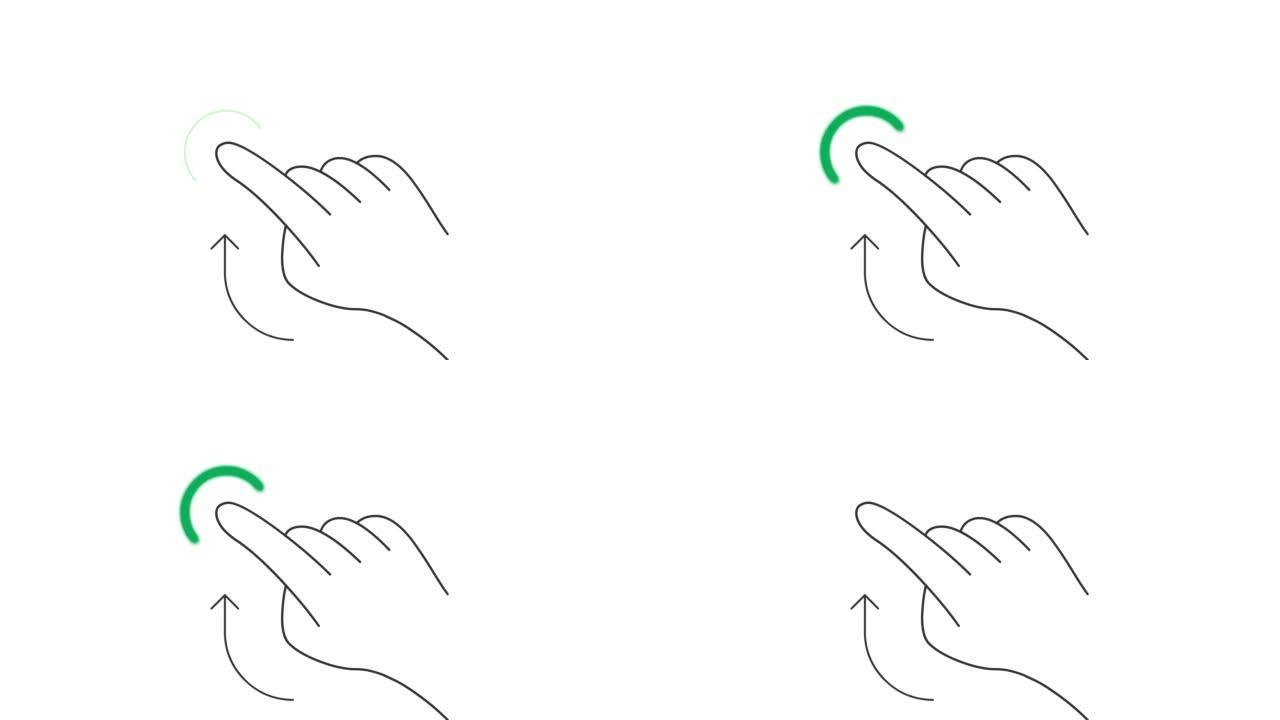 旋转并保持移动屏幕手势线艺术矢量动画。手按手机触摸屏按钮轮廓图标视频。一根手指向上滑动界面运动图形
