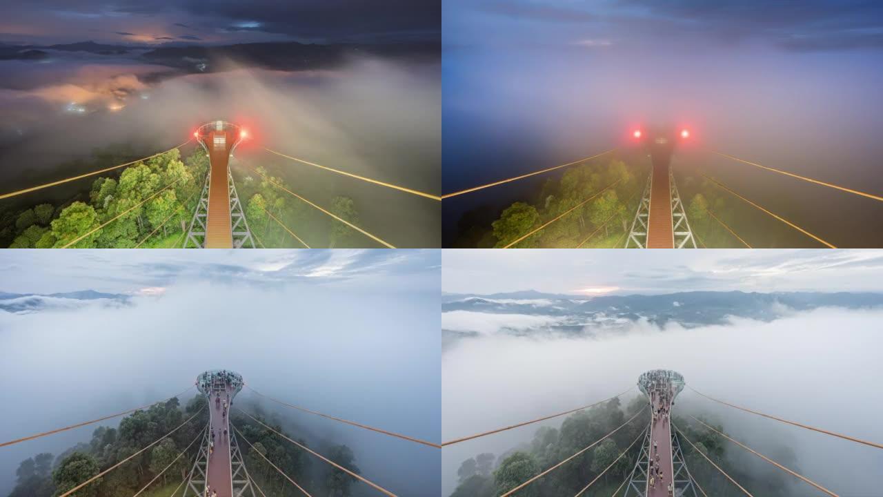泰国亚拉省艾耶翁区空中步道的延时移动云雾，日出场景