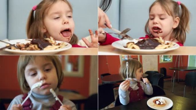一个金发碧眼的孩子，坐在美食广场或咖啡馆的桌子旁，吃得很有趣。甜食，甜点概念。小女孩吃巧克力煎饼。分