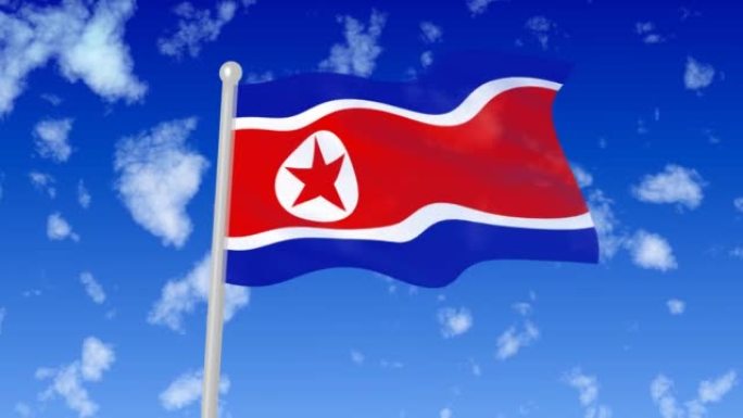 朝鲜飘扬的国旗飘扬在云雾缭绕的天空