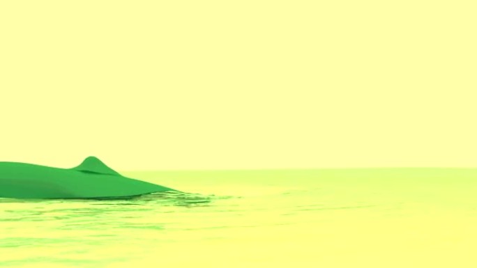 明亮的黄色抽象。设计。一条黄色的河，一条小绿鲸在上面潜水和游泳。