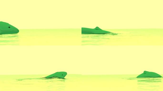 明亮的黄色抽象。设计。一条黄色的河，一条小绿鲸在上面潜水和游泳。