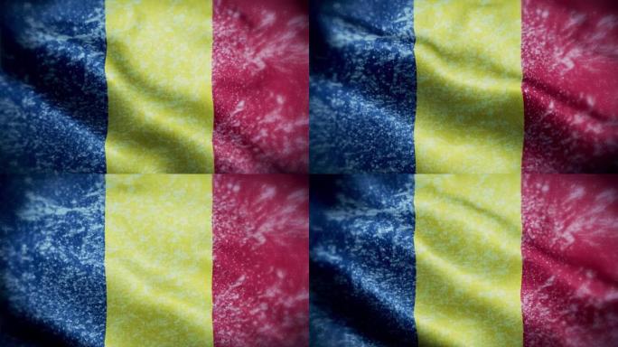 4K暴风雪/罗马尼亚国旗上的雪股票视频。冷淡的罗马尼亚国旗。旋转/旋转的冰晶。雪花掠过罗马尼亚国旗。