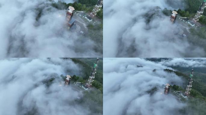 空中无人机可以看到早晨的雾海，亚洲最长的空中步道，泰国Yala省Betong Aiyerweng