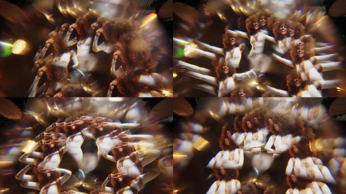 迷人的非洲裔美国女人在舞台上跳舞的万花筒效果镜头