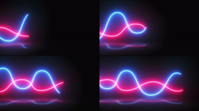 黑色背景上的4k发光霓虹灯波。抽象Led曲线，霓虹灯波。多激光霓虹灯线弹跳，现代发光霓虹灯螺旋动画