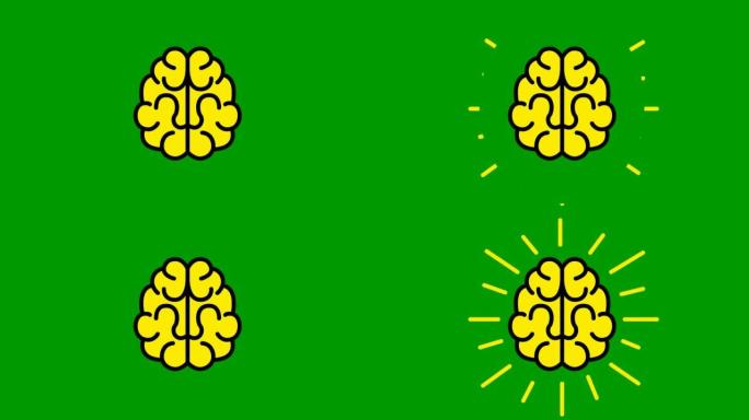大脑的黄色和黑色动画符号。想法和创意的概念。循环视频。孤立在绿色背景上的平面矢量插图。