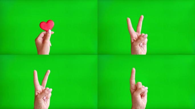 米色修指甲的女性手握着红色的心，孤立在绿色屏幕背景上。特写。色度键屏幕上红心的人手特写。喜欢。4k镜