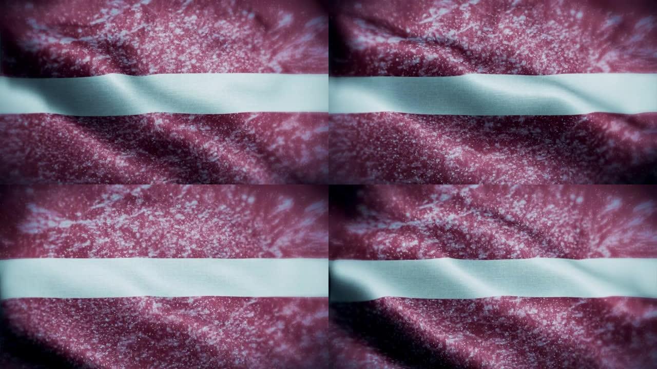 4K暴风雪/雪在拉脱维亚国旗股票视频。冷淡的拉脱维亚国旗。旋转/旋转的冰晶。雪花掠过拉脱维亚国旗。