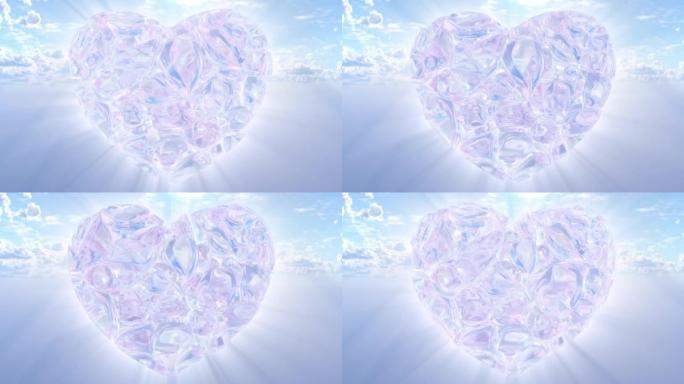 抽象半透明水晶碎片心形漂浮在天空-4k无缝VJ循环运动背景动画