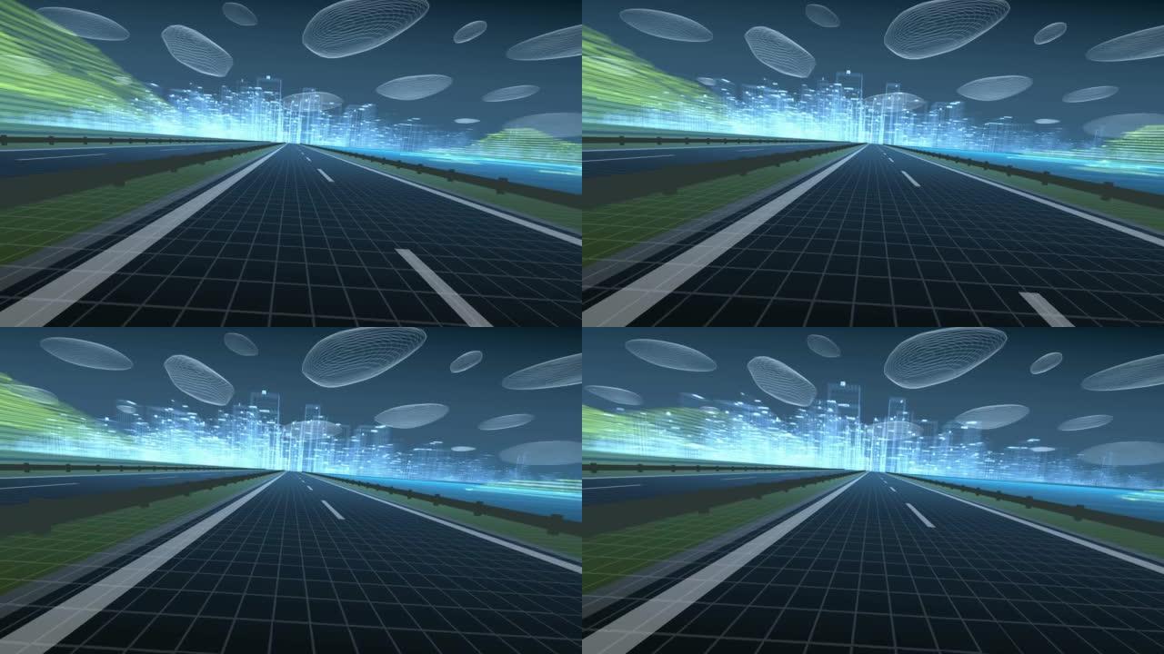 城市地平线和风格化云的3D高速公路