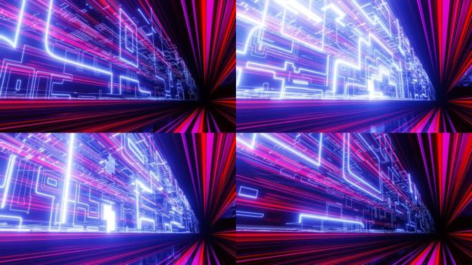 霓虹灯在技术网络空间中飞翔。通过高科技技术隧道的科幻飞行。辉光线形成像科幻全息图一样的图案。3d循环
