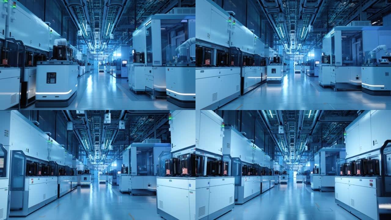 先进半导体生产工厂洁净室内的宽镜头。自动化机器人正在机器之间运送晶片。