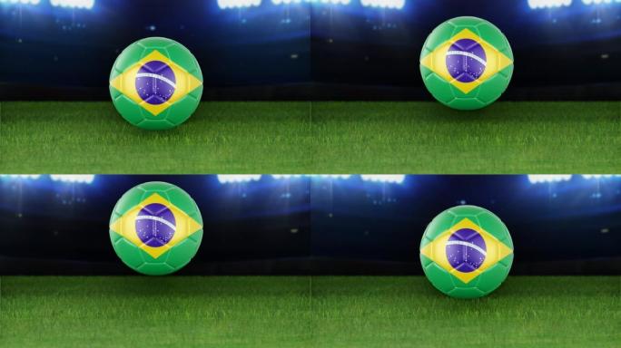 巴西国旗足球，带灯跳入体育场。足球场和球，4k分辨率，循环-股票视频