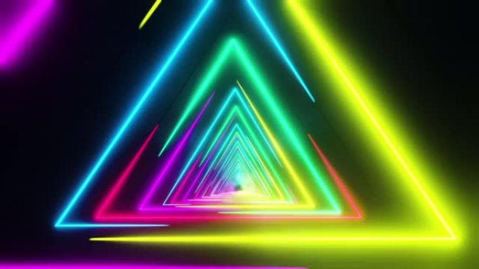 飞过彩光的彩色三角形。无限循环动画。