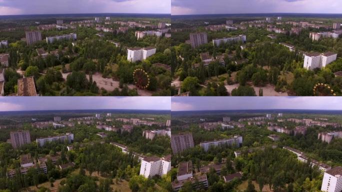 鸟瞰图。大自然吸收了普里皮亚季的鬼城。树木和灌木丛中的废弃房屋。切尔诺贝利禁区。乌克兰。