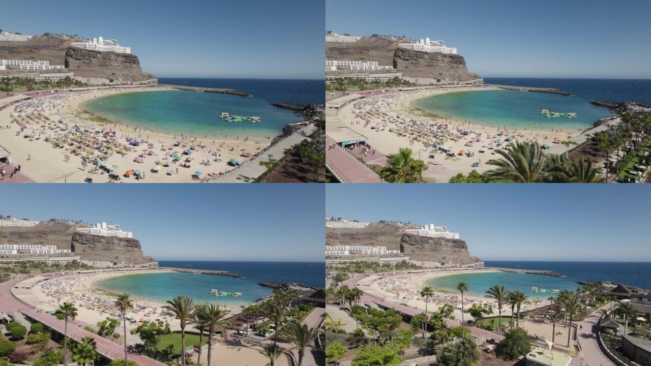 大加那利岛上受欢迎的避暑胜地的鸟瞰图，拉开镜头