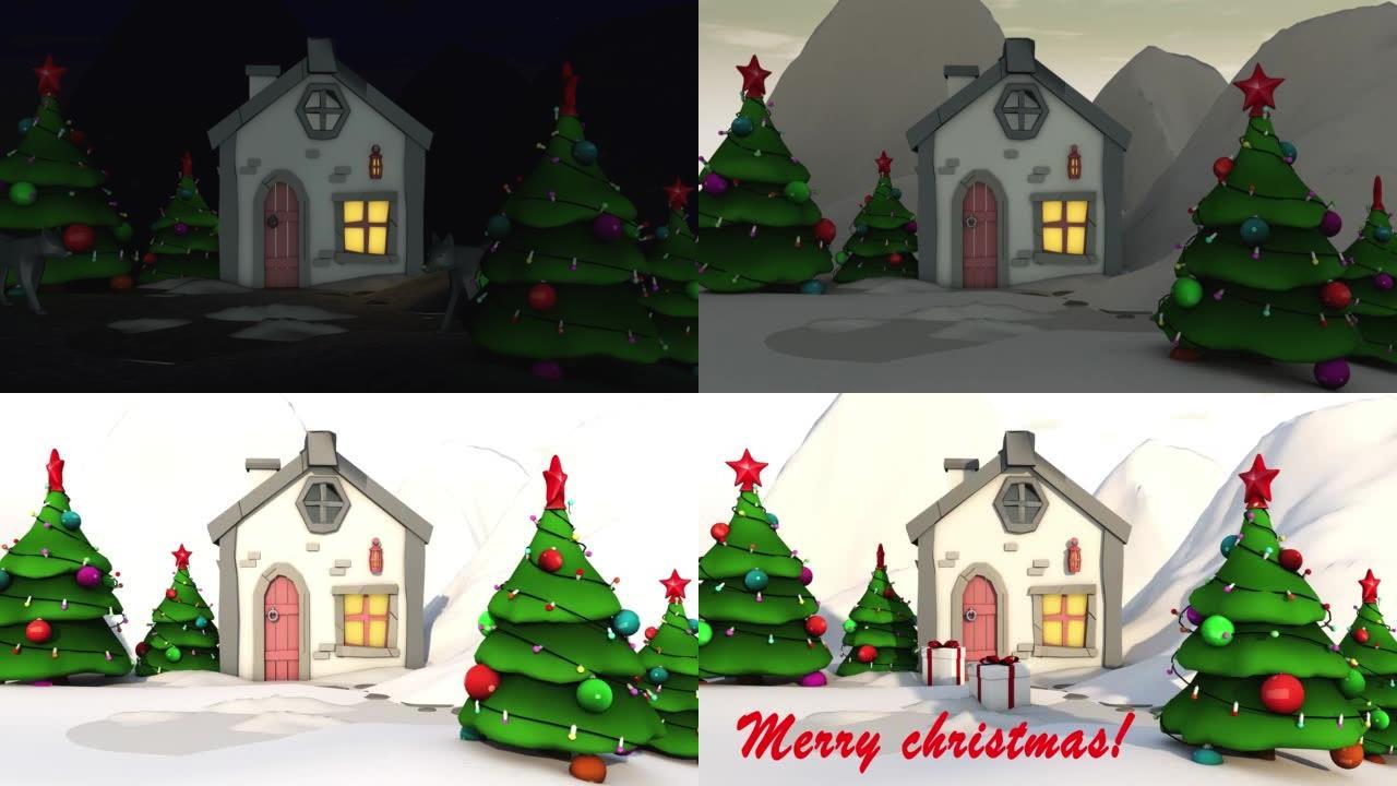 圣诞快乐乡村景观。3D渲染。