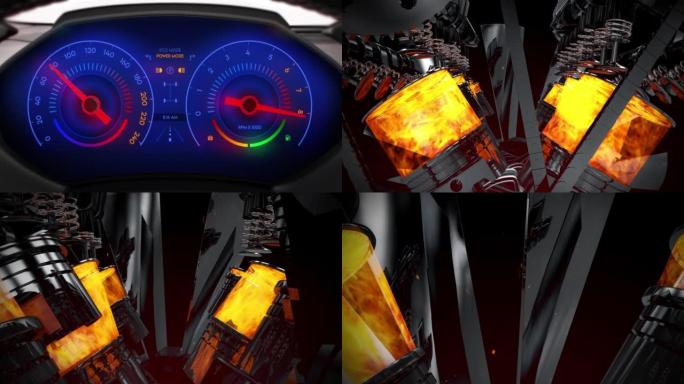 极限超级汽车仪表板动画，放大到强大的V8引擎。