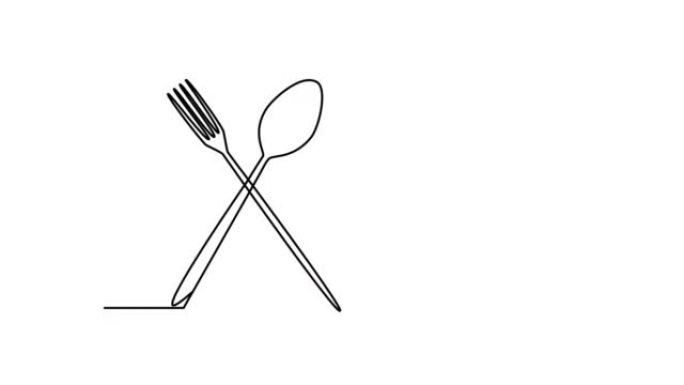 勺子和叉子，餐具自画动画。复制空间。白色背景。