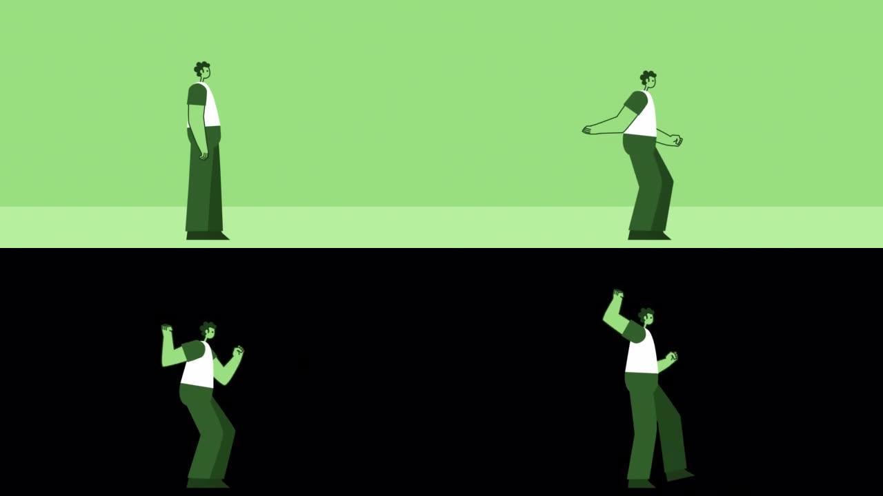 绿色风格的男人平性格快乐跳跃万岁。带有Alpha通道的孤立循环动画