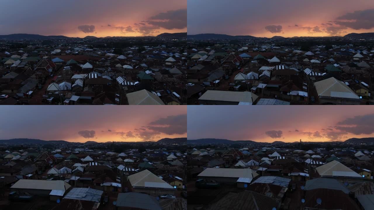 日落时尼日利亚阿布贾贾希村的下降鸟瞰图