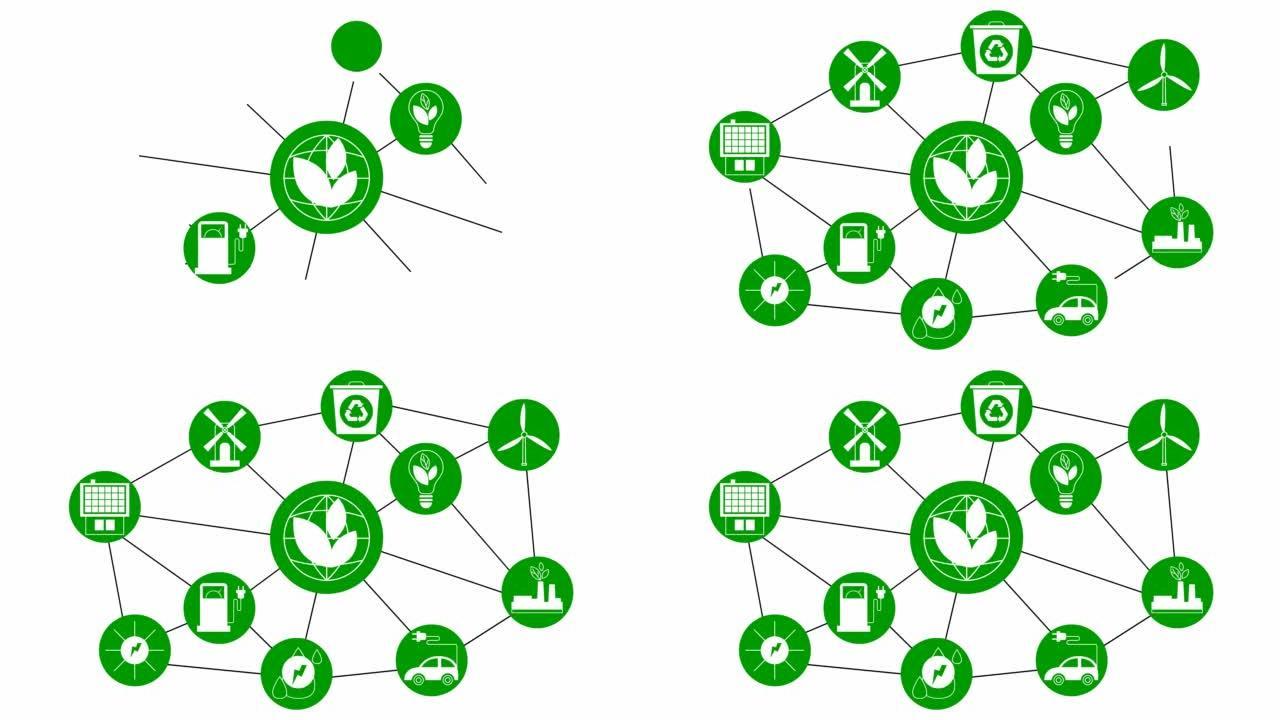 绿色圆圈中的动画白色扁平生态图标。可持续能源、可再生能源、绿色技术、生态护理的平面符号。白色背景上的