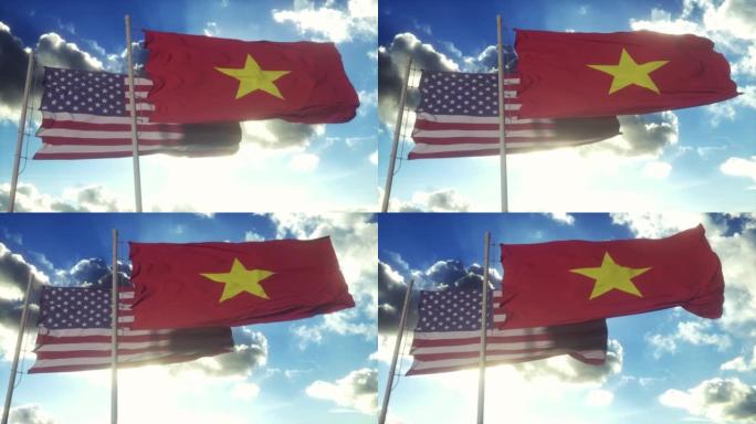 旗杆上挂着越南和美国国旗。越南和美国在风中挥舞着国旗。越南与美国的外交概念