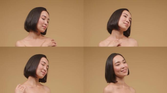 年轻的亚洲女性在治疗后表现出完美的皮肤