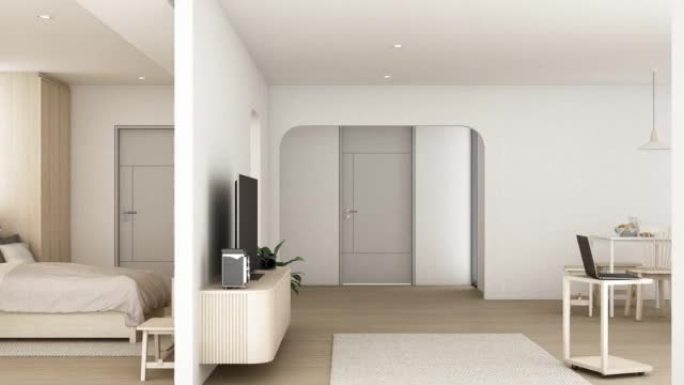 搭建创作室墙壁用木质材料、弧形内置橱柜和镶木地板上的木制拱门装饰成白色色调。卧室和客厅公寓。3d渲染