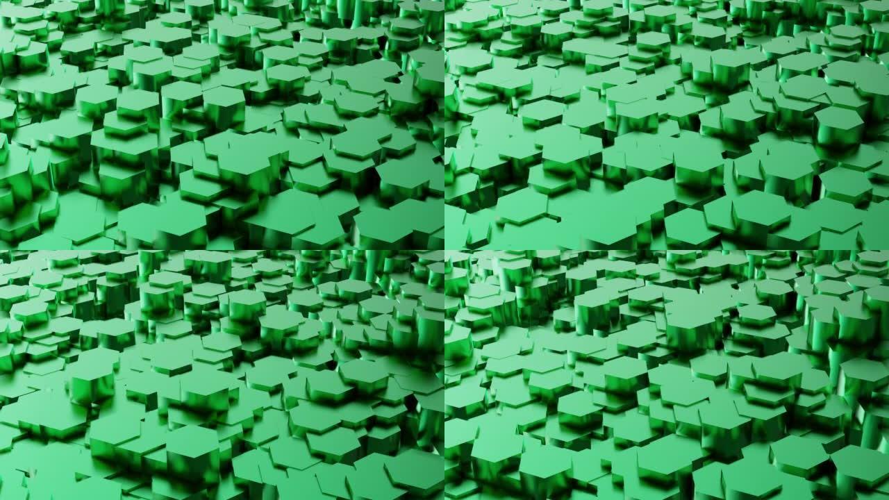 无缝3d动画中表面移动变形的美丽六边形，抽象运动设计背景，计算机生成过程，未来几何网格概念，蜂窝，网