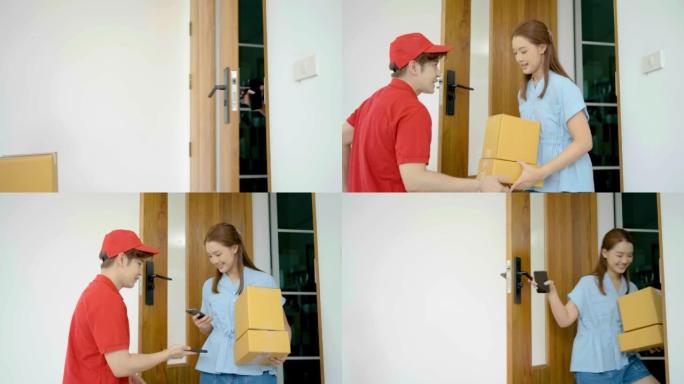亚洲年轻女子打开房子的门，遇到红色制服送货员，后者给了她的纸板箱邮政包裹，在智能手机上扫描QR码付款