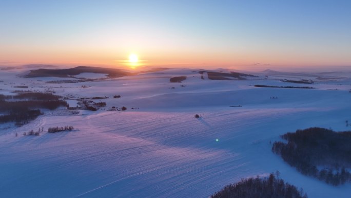 航拍4K内蒙古苍茫雪原夕照