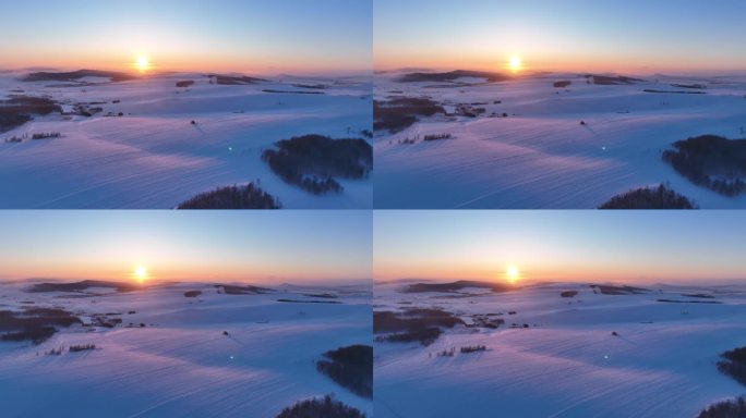 航拍4K内蒙古苍茫雪原夕照