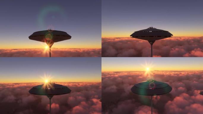 在云层上方的未来城市日落时的空中拍摄。科幻小镇的特写视图