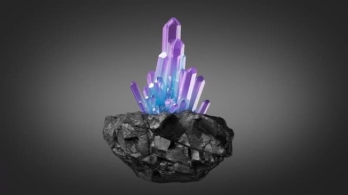 循环3d动画，蓝色紫色水晶旋转的黑色岩石，石英和煤，神奇的金块深奥物体孤立在黑色背景上