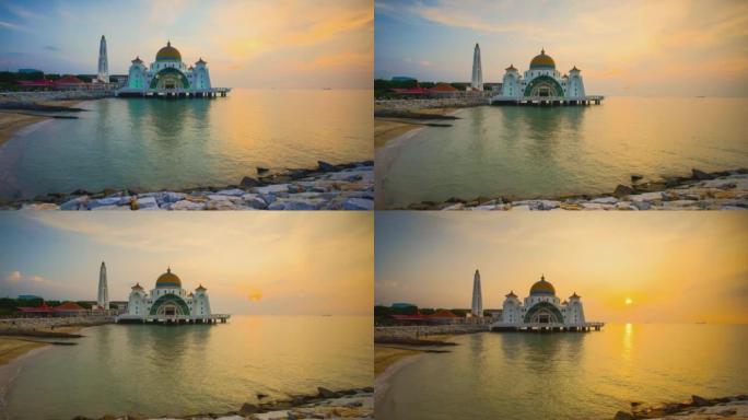 4K美丽的马六甲海峡清真寺日落时的延时。向上倾斜的影响