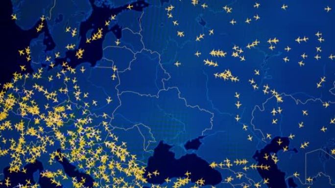 数字屏幕上地图上繁忙的空中交通时间流逝。