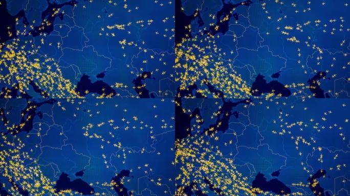 数字屏幕上地图上繁忙的空中交通时间流逝。