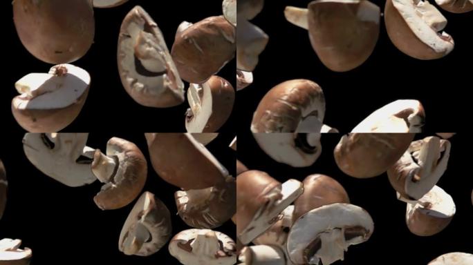 Close-up of the brown shiitake mushroom halves fal