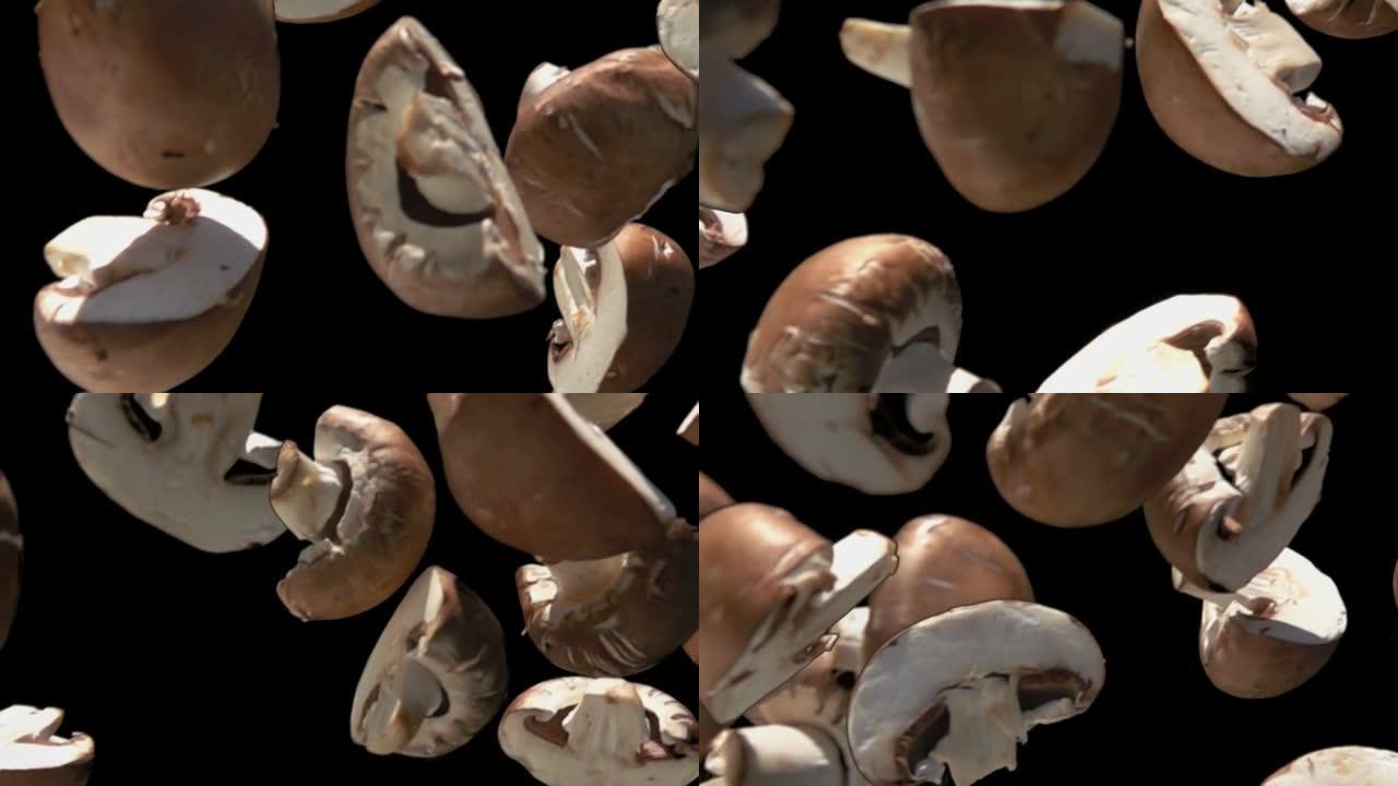 Close-up of the brown shiitake mushroom halves fal