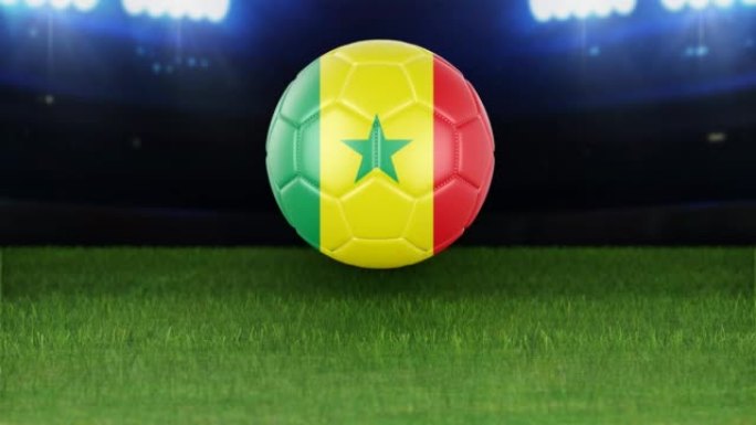 塞内加尔国旗足球，带灯跳入体育场。足球场和球，4k分辨率，循环-股票视频