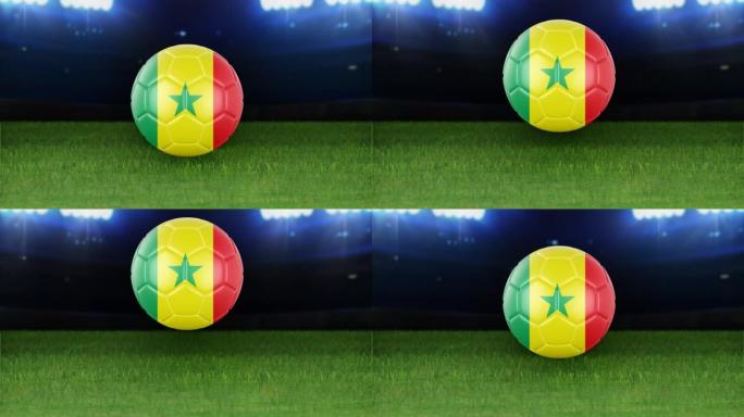 塞内加尔国旗足球，带灯跳入体育场。足球场和球，4k分辨率，循环-股票视频
